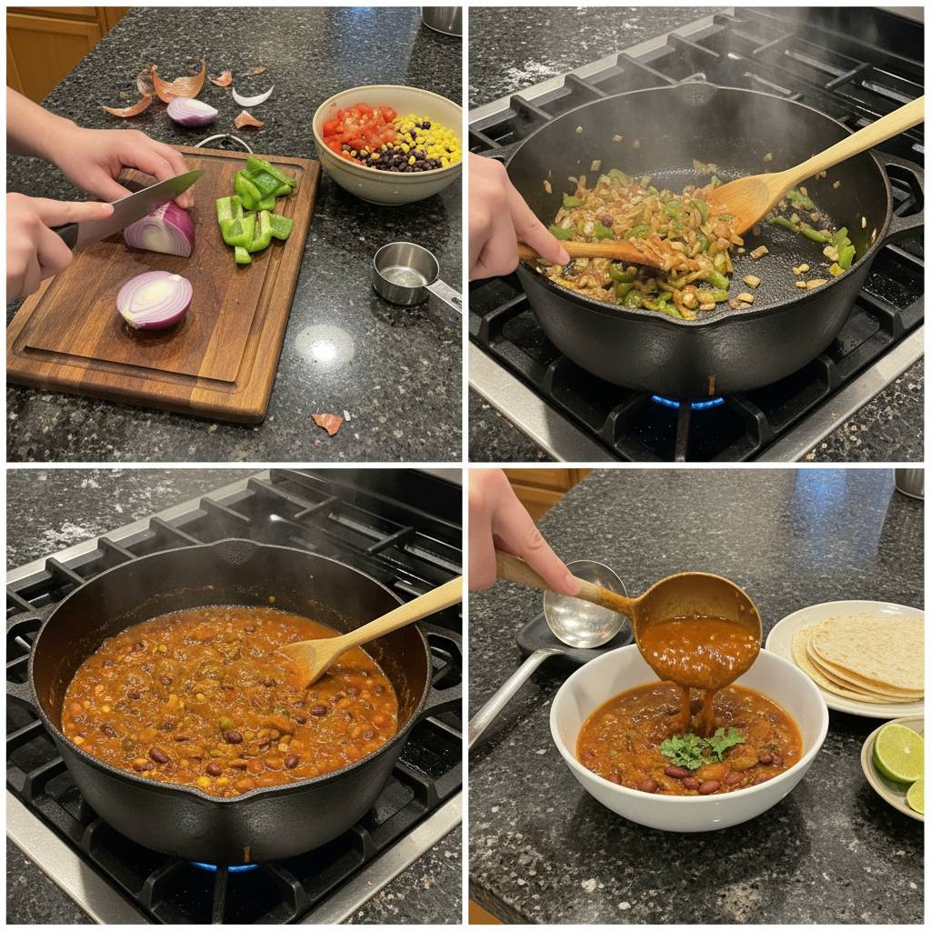 vegan-chili-recipe-prep-cooking A pot simmering on the stove, showing the vegan chili recipe coming together with vegetables and broth.