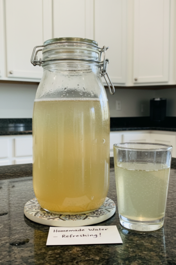 A refreshing glass of homemade Water Kefir Recipe, naturally sparkling with a slight golden hue and lemon slices.