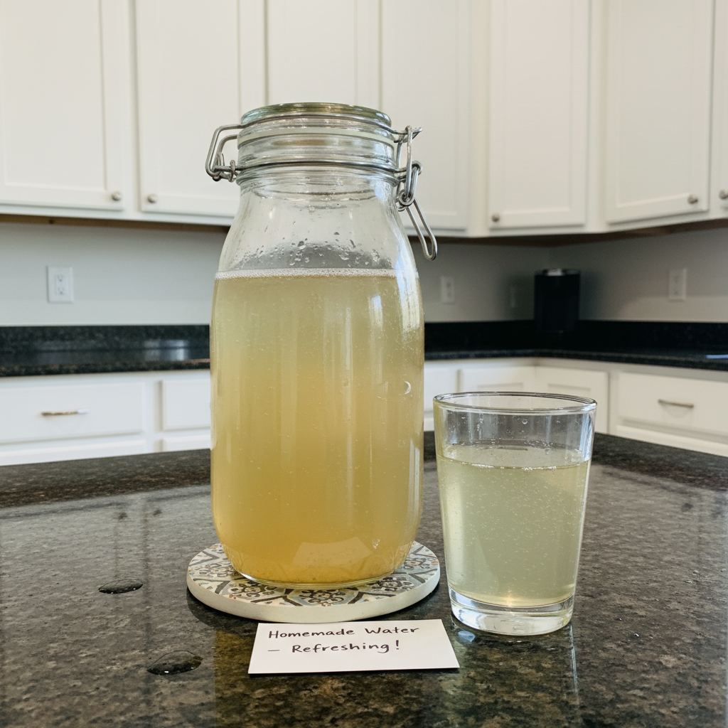 A refreshing glass of homemade Water Kefir Recipe, naturally sparkling with a slight golden hue and lemon slices.