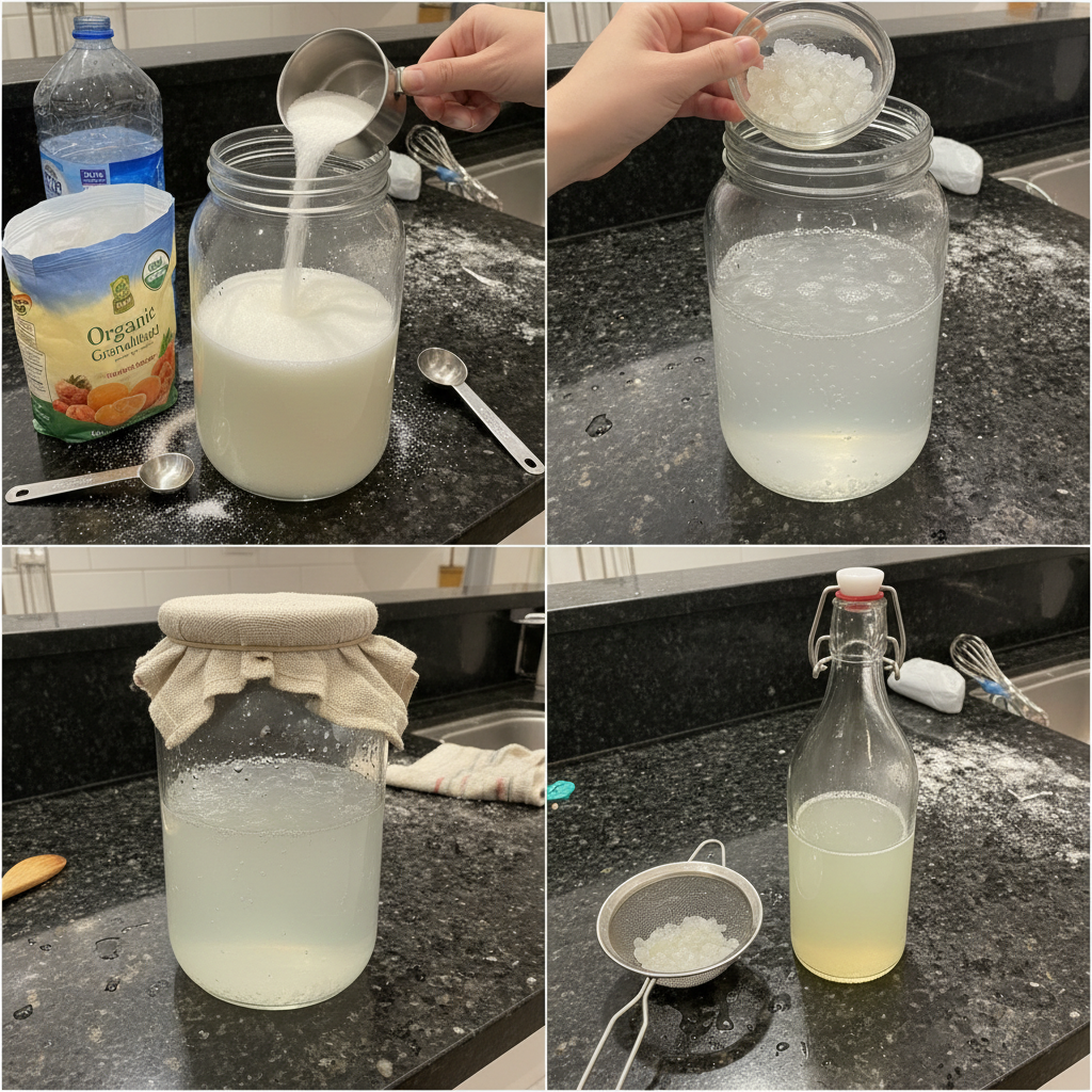 water-kefir-recipe-preparation-step Hands stirring water kefir grains, sugar, and water in a glass jar, demonstrating a step in the Water Kefir Recipe.