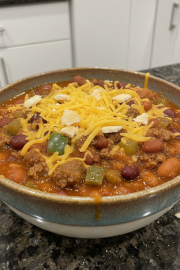 A steaming bowl of homemade Wendy's chili topped with cheddar cheese and green onions, ready to be enjoyed.
