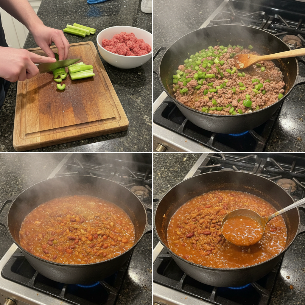 wendys-chili-recipe-prep-simmering A large pot of Wendy's chili simmering gently on the stovetop, releasing a fragrant aroma as it cooks to perfection.
