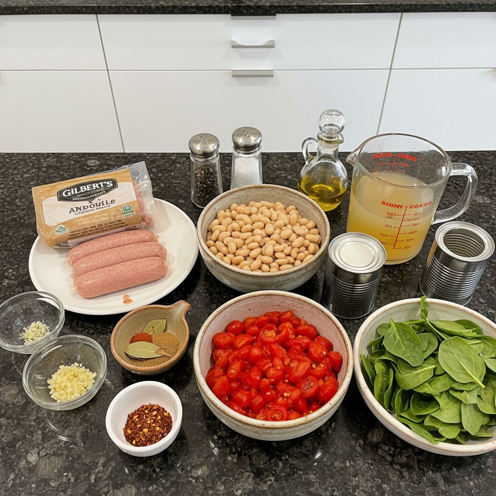 white-bean-smoked-sausage-skillet-ingredients Fresh ingredients laid out for a White Bean & Smoked Sausage Skillet, including cannellini beans, sliced sausage, and aromatic vegetables.