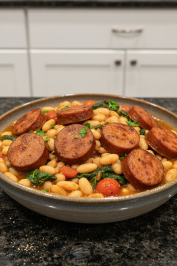 A steaming White Bean & Smoked Sausage Skillet served in a rustic pan, garnished with fresh herbs, ready to eat.