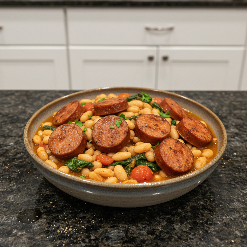 A steaming White Bean & Smoked Sausage Skillet served in a rustic pan, garnished with fresh herbs, ready to eat.