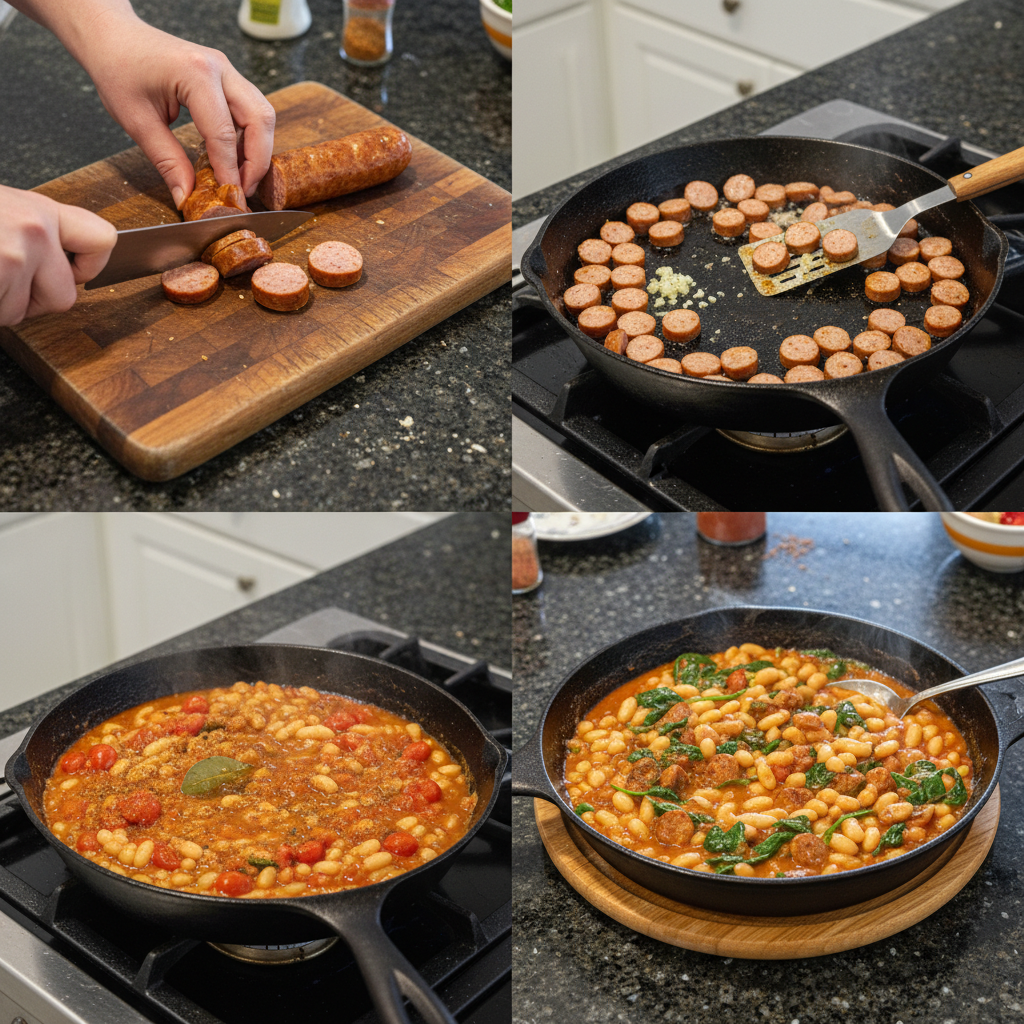 white-bean-smoked-sausage-skillet-prep-cooking Smoked sausage sizzling in a cast-iron skillet, a key step in preparing the White Bean & Smoked Sausage Skillet recipe.