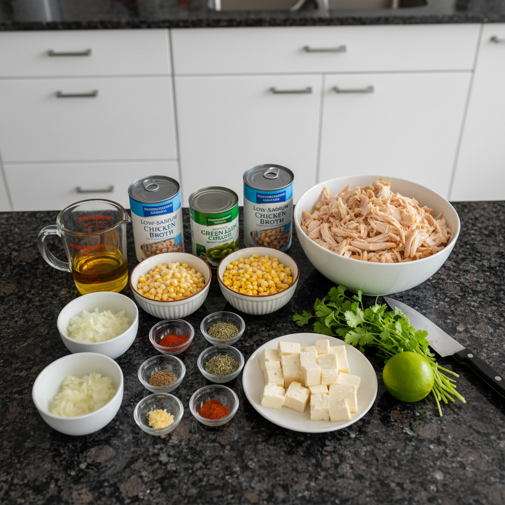 white-chili-recipe-ingredients A vibrant display of fresh ingredients like chicken, cannellini beans, and spices laid out for a delicious white chili recipe.