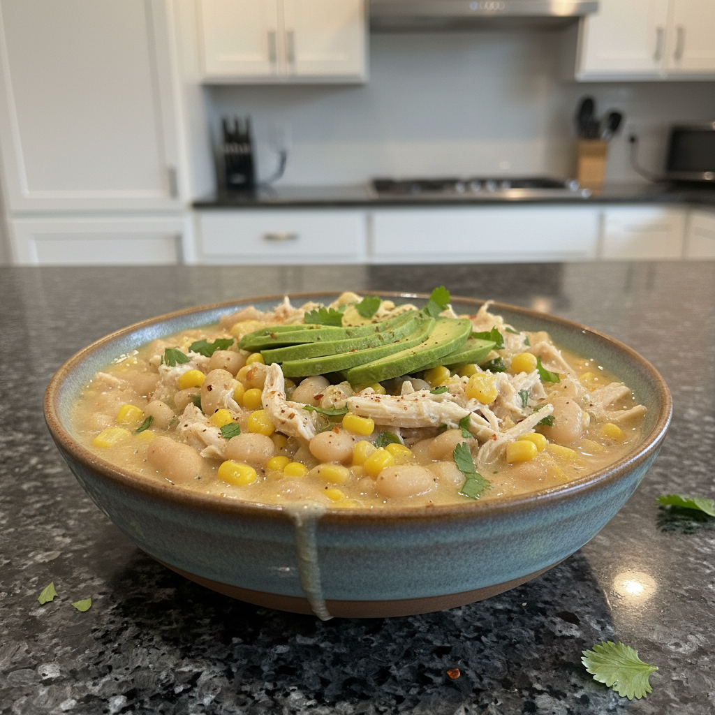 A warm bowl of creamy white chili recipe, garnished with fresh cilantro and a dollop of sour cream, ready to be enjoyed.