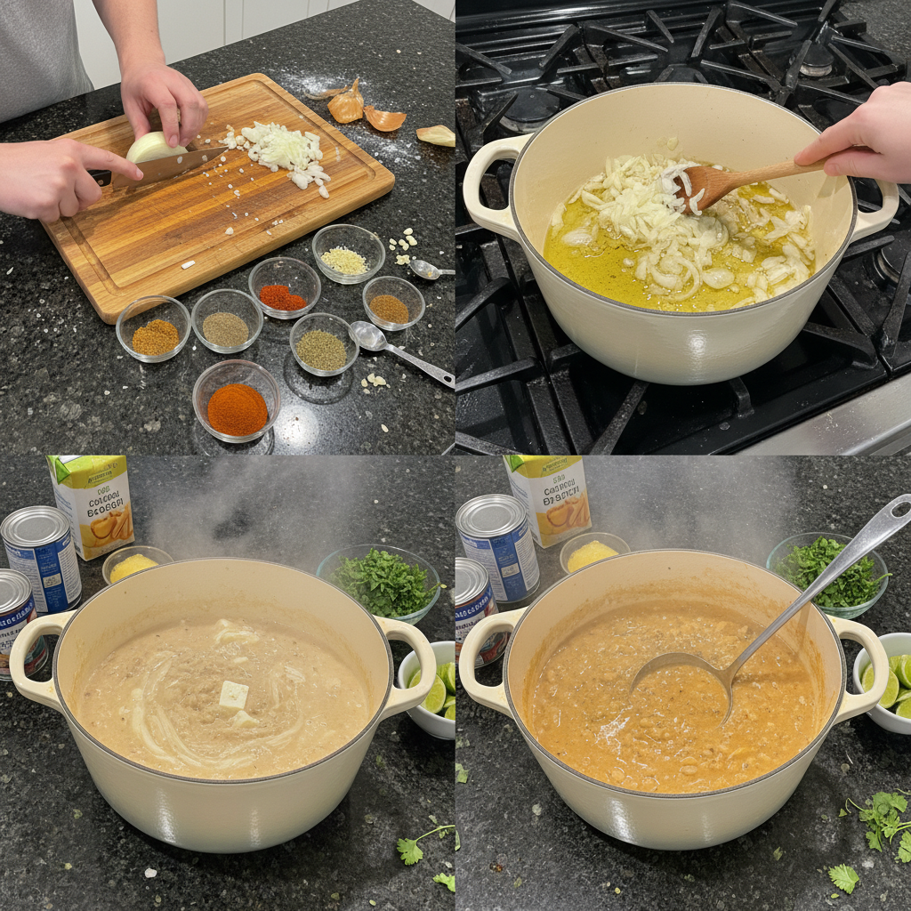 white-chili-recipe-preparation Hands stirring a pot of simmering chicken, beans, and spices, a key step in making a flavorful white chili recipe.