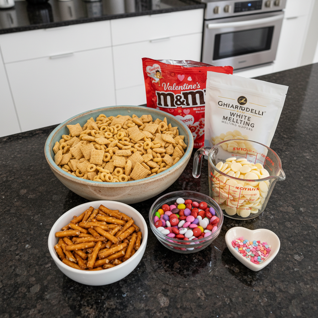 5-ingredient-valentine-chex-mix-ingredients The five simple ingredients for 5-Ingredient Valentine Chex Mix, neatly arranged: Chex cereal, chocolate, and various candies.