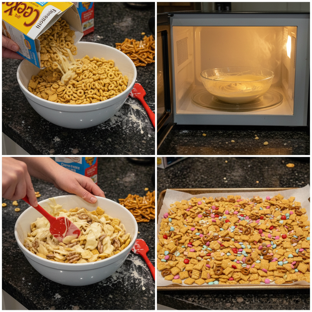 5-ingredient-valentine-chex-mix-prep Hands gently tossing the chocolate-coated cereal and candies for the 5-Ingredient Valentine Chex Mix in a large bowl.