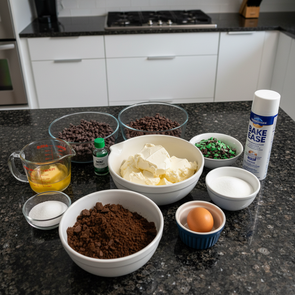 andes-mint-mini-cheesecake-ingredients Ingredients for Andes Mint mini cheesecakes including cream cheese, mints, and chocolate.