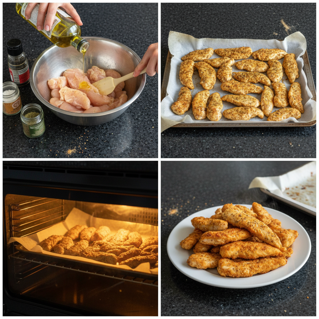 baked-chicken-tenders-prep-coating A hand coating raw chicken strips evenly with seasoned breadcrumbs for baked chicken tenders on a baking sheet.