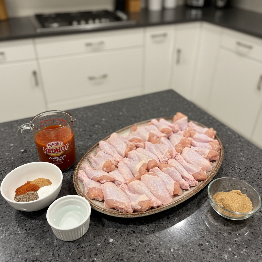baked-chicken-wings-ingredients Fresh ingredients for baked chicken wings laid out, including raw chicken wings, spices, and a lemon wedge.