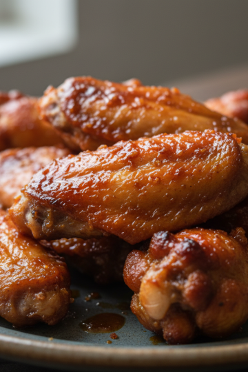 A platter of perfectly golden-brown baked chicken wings, crispy and glistening, ready to be enjoyed.