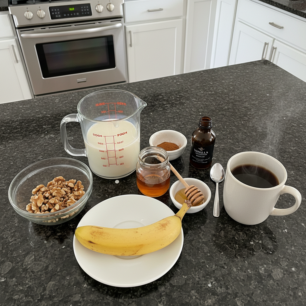 banana-bread-latte-ingredients Ingredients for a banana bread latte laid out: ripe bananas, spices, espresso, milk, and sweetener.
