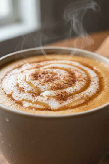 A steaming banana bread latte topped with whipped cream and a cinnamon stick, in a clear glass mug.