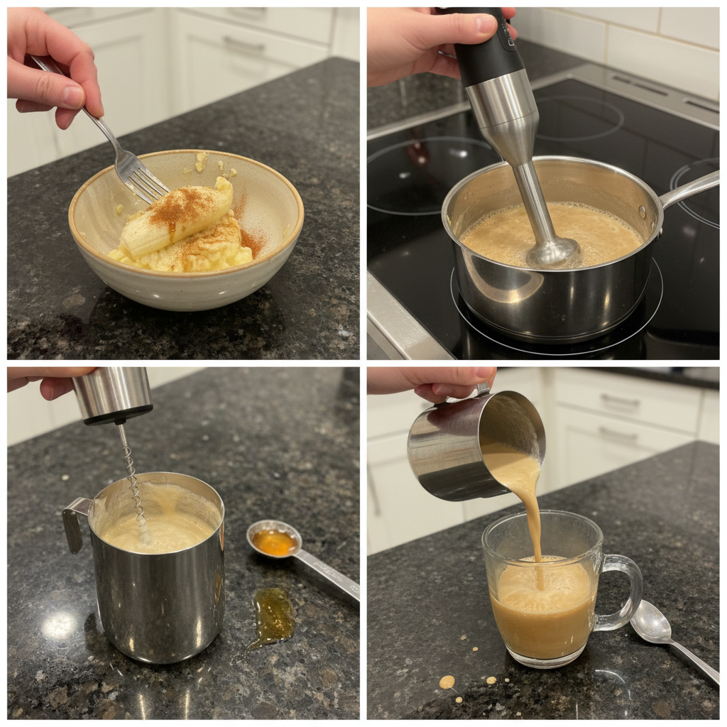 banana-bread-latte-prep-step Someone frothing milk for a banana bread latte, with a pitcher and espresso machine in the background.