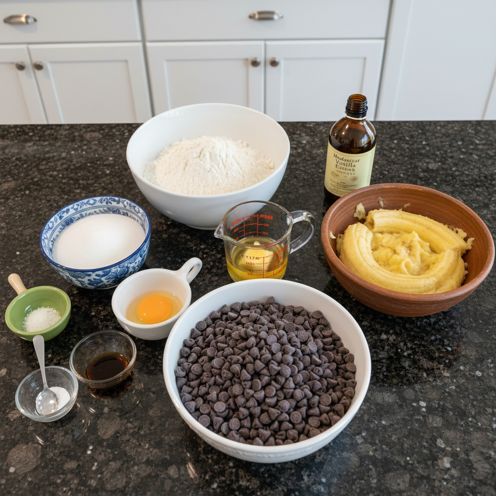 banana-chocolate-chip-muffins-ingredients Fresh ingredients for banana chocolate chip muffins, including ripe bananas, chocolate chips, flour, and eggs.