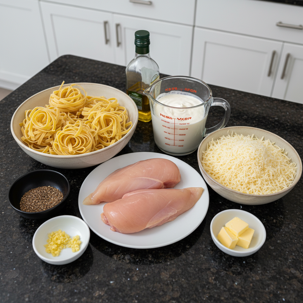 blackened-chicken-alfredo-ingredients Fresh ingredients for blackened chicken alfredo, including raw chicken breasts, heavy cream, pasta, and spices laid out.