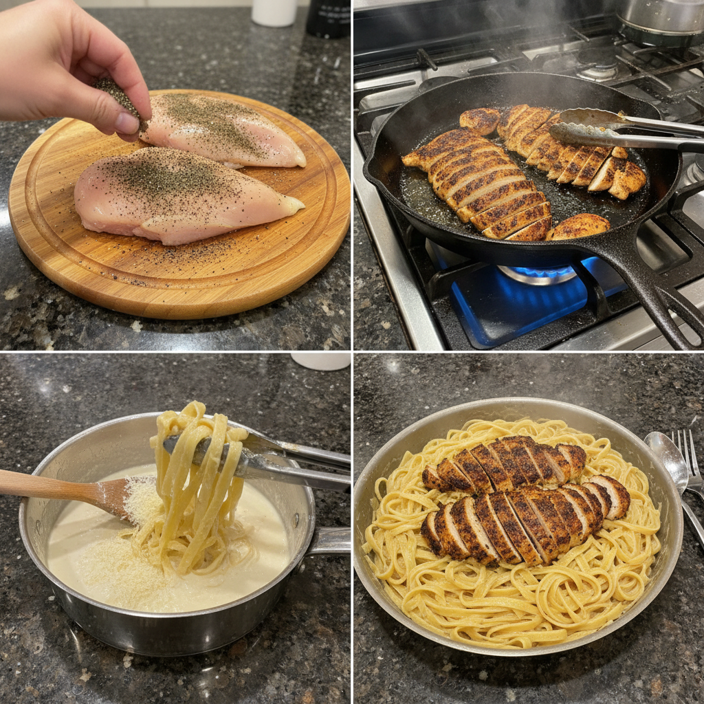 blackened-chicken-alfredo-prep-step Chicken breasts being generously seasoned with blackening spice blend on a cutting board for blackened chicken alfredo.