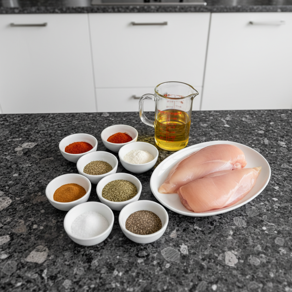 blackened-chicken-ingredients Fresh ingredients for making blackened chicken, including raw chicken breasts, herbs, and spices, laid out on a wooden board.