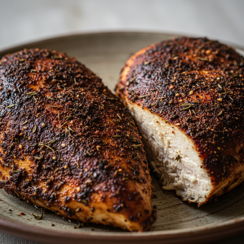 A perfectly cooked blackened chicken breast with a deep, spicy crust, served on a plate with fresh greens.