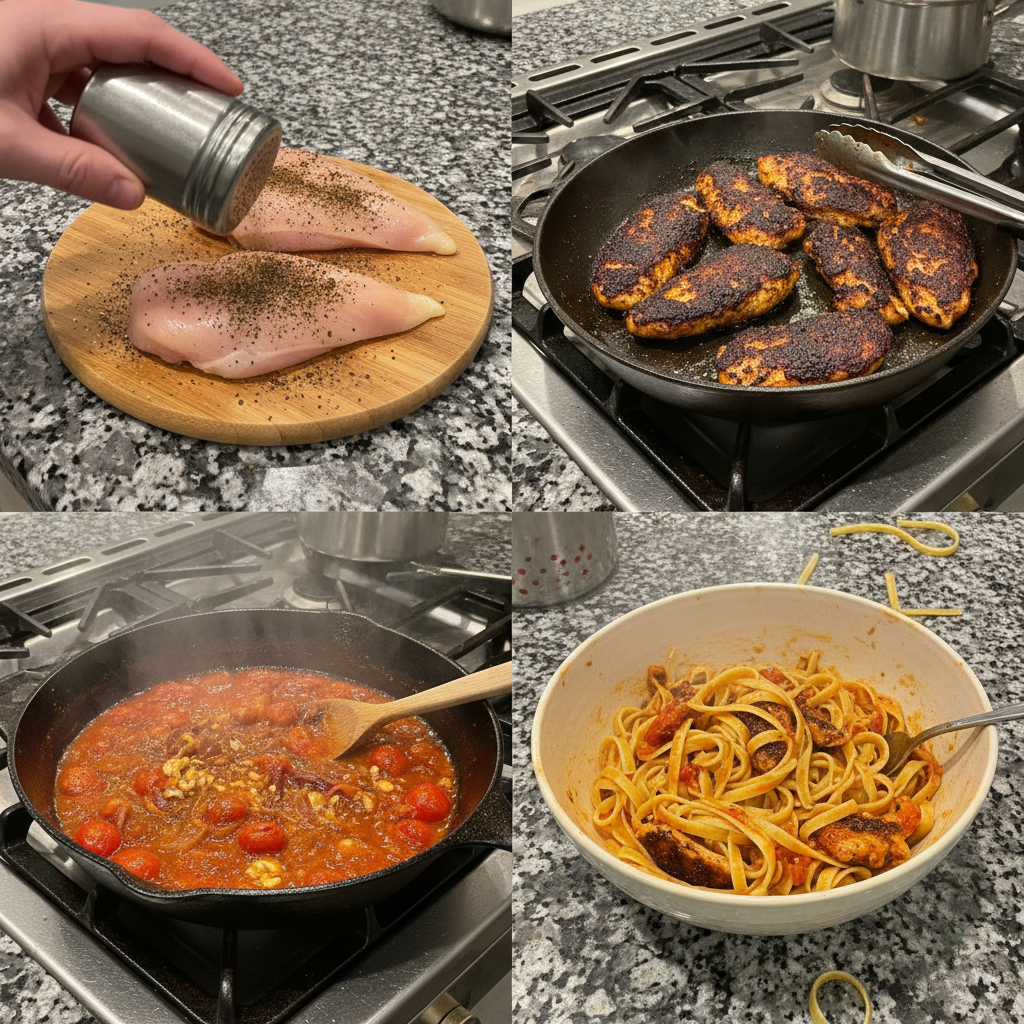 blackened-chicken-pasta-prep-searing A chef skillfully searing seasoned chicken breasts in a hot cast-iron pan for blackened chicken pasta.