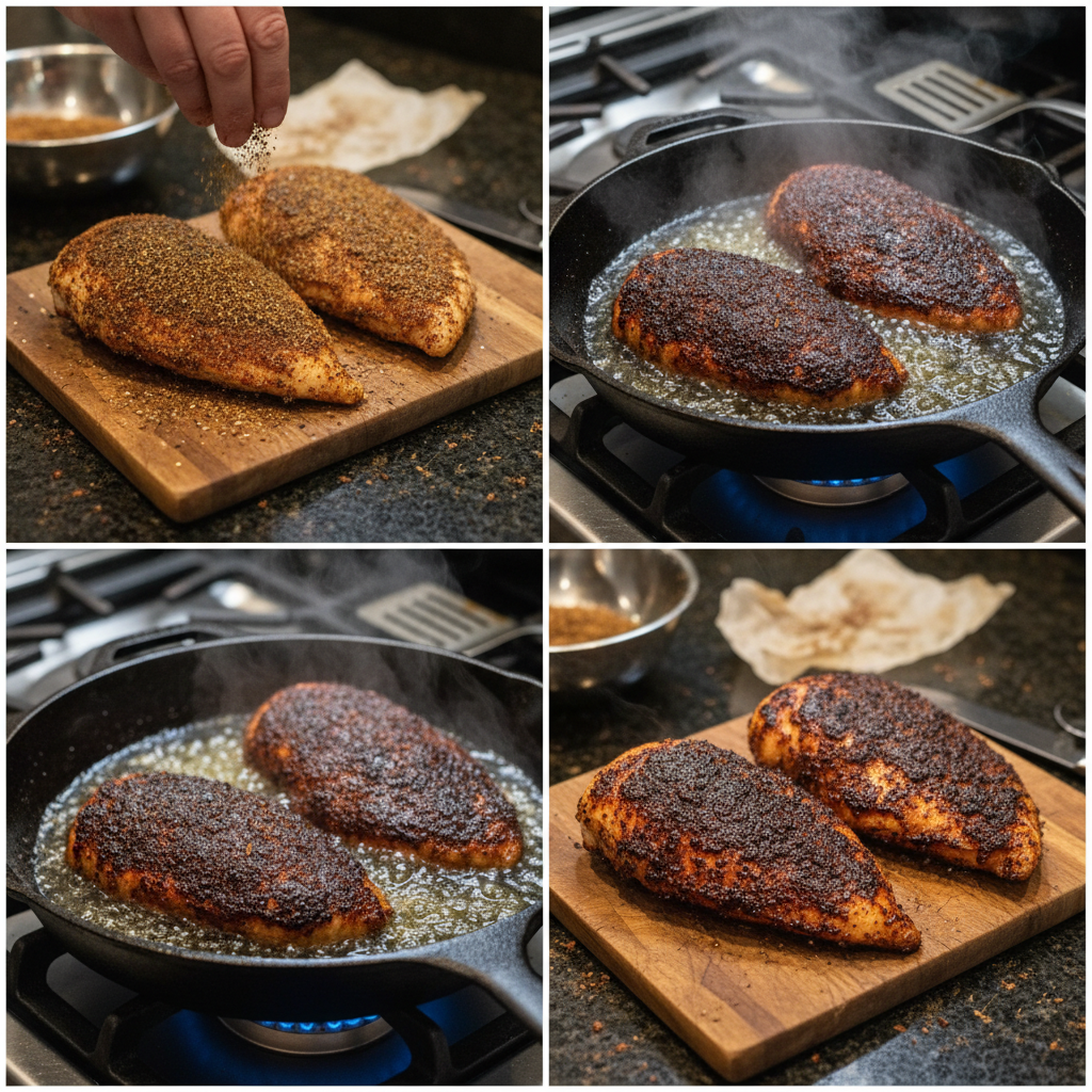 blackened-chicken-prep-seasoning A close-up of raw chicken breasts being generously seasoned with blackening spice on a cutting board, preparing for cooking.