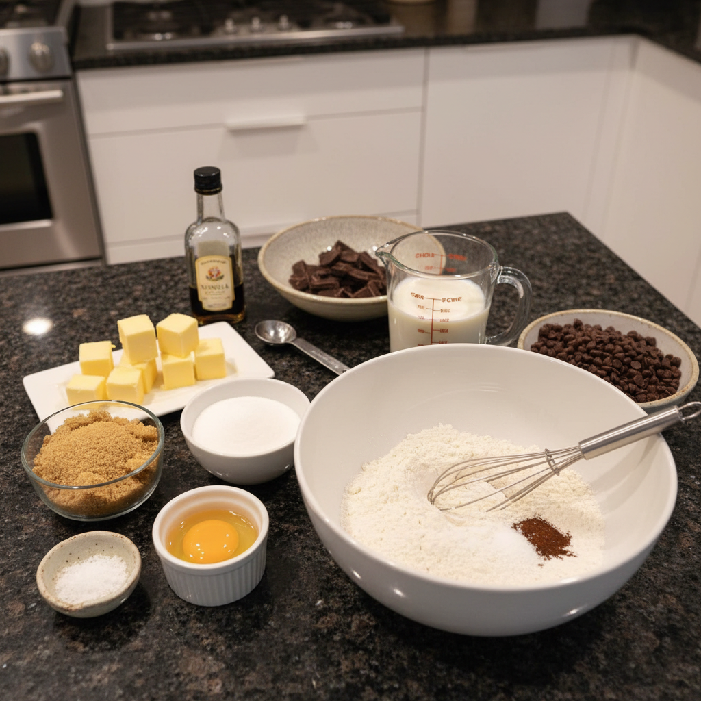 brown-butter-chocolate-chip-cookies-ingredients Fresh ingredients for brown butter chocolate chip cookies, including butter, flour, sugar, and chocolate chips, laid out on a wooden surface.