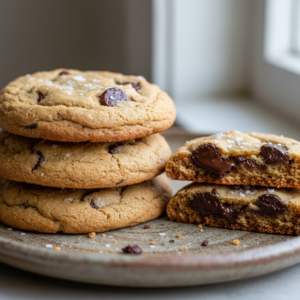 A close-up of golden brown butter chocolate chip cookies with melted chocolate chips on a cooling rack.
