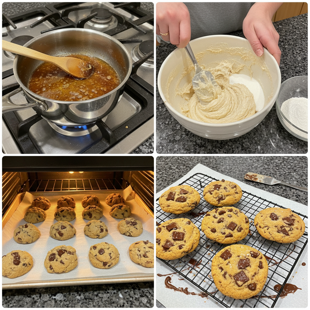 brown-butter-chocolate-chip-cookies-prep Hands stirring rich brown butter into the cookie dough mixture, showing the distinct color and texture, for brown butter chocolate chip cookies.