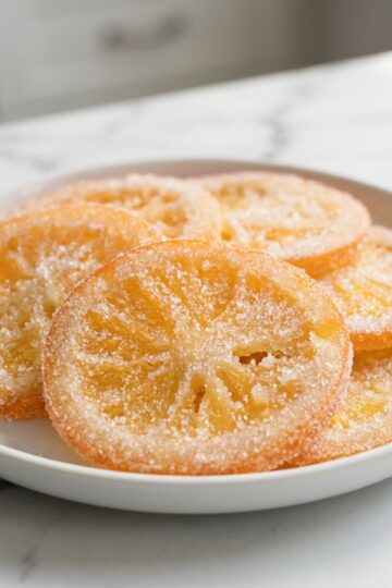 Translucent candied orange slices with a triple-aromatic infusion and citric acid on a white marble surface.