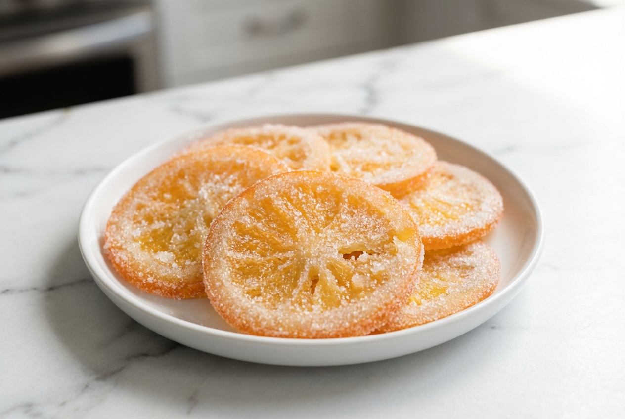 Translucent candied orange slices with a triple-aromatic infusion and citric acid on a white marble surface.