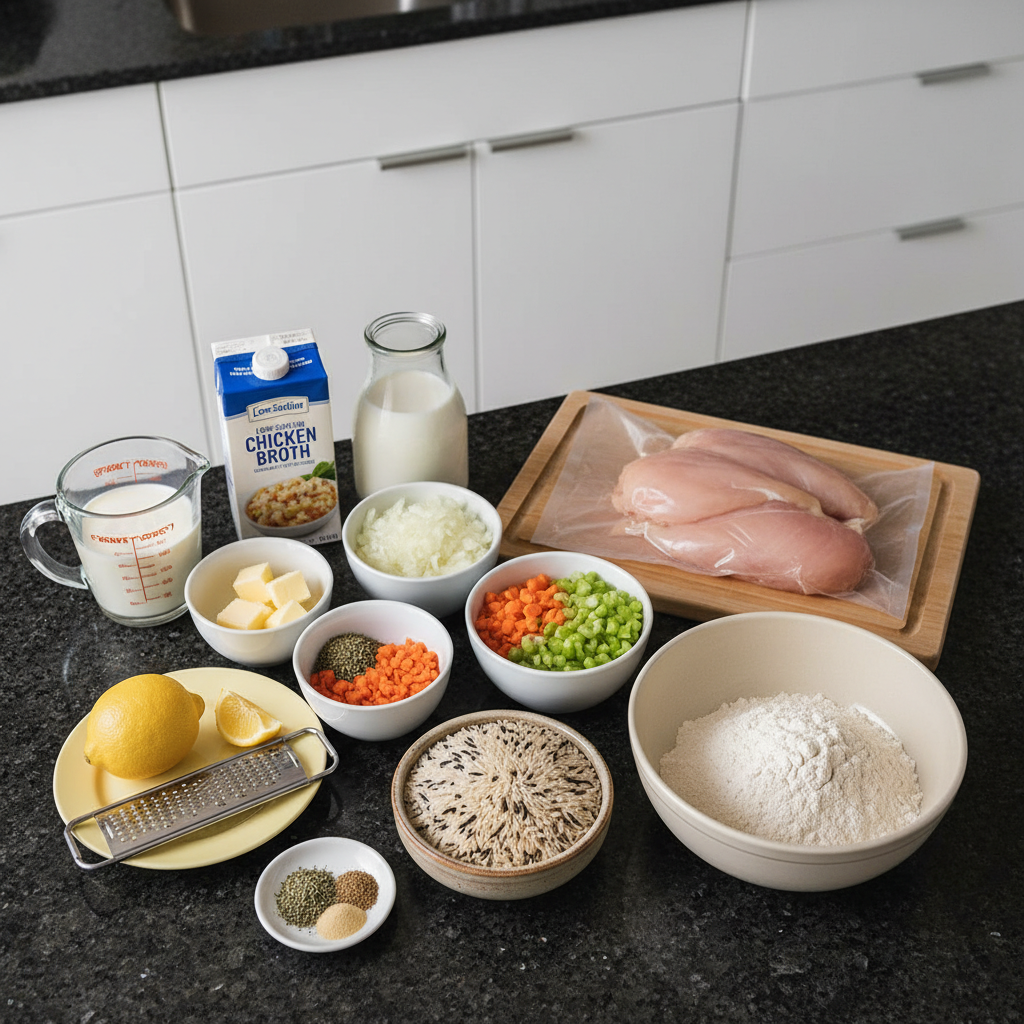 chicken-and-wild-rice-soup-ingredients Fresh ingredients for chicken and wild rice soup laid out, including chicken, wild rice, carrots, and celery.