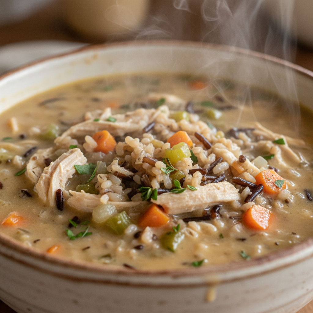 A creamy bowl of chicken and wild rice soup garnished with fresh parsley, ready to be enjoyed.