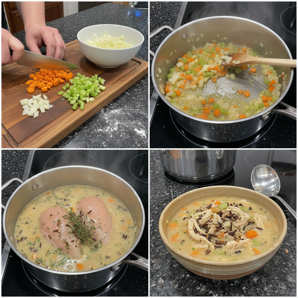 chicken-and-wild-rice-soup-preparation A large pot of chicken and wild rice soup simmering gently on the stove, showing the cooking process.