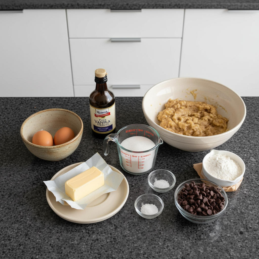chocolate-chip-banana-bread-ingredients-mise-en-place A colorful array of ingredients for chocolate chip banana bread, including ripe bananas, flour, chocolate chips, eggs, and sugar, on a kitchen counter.