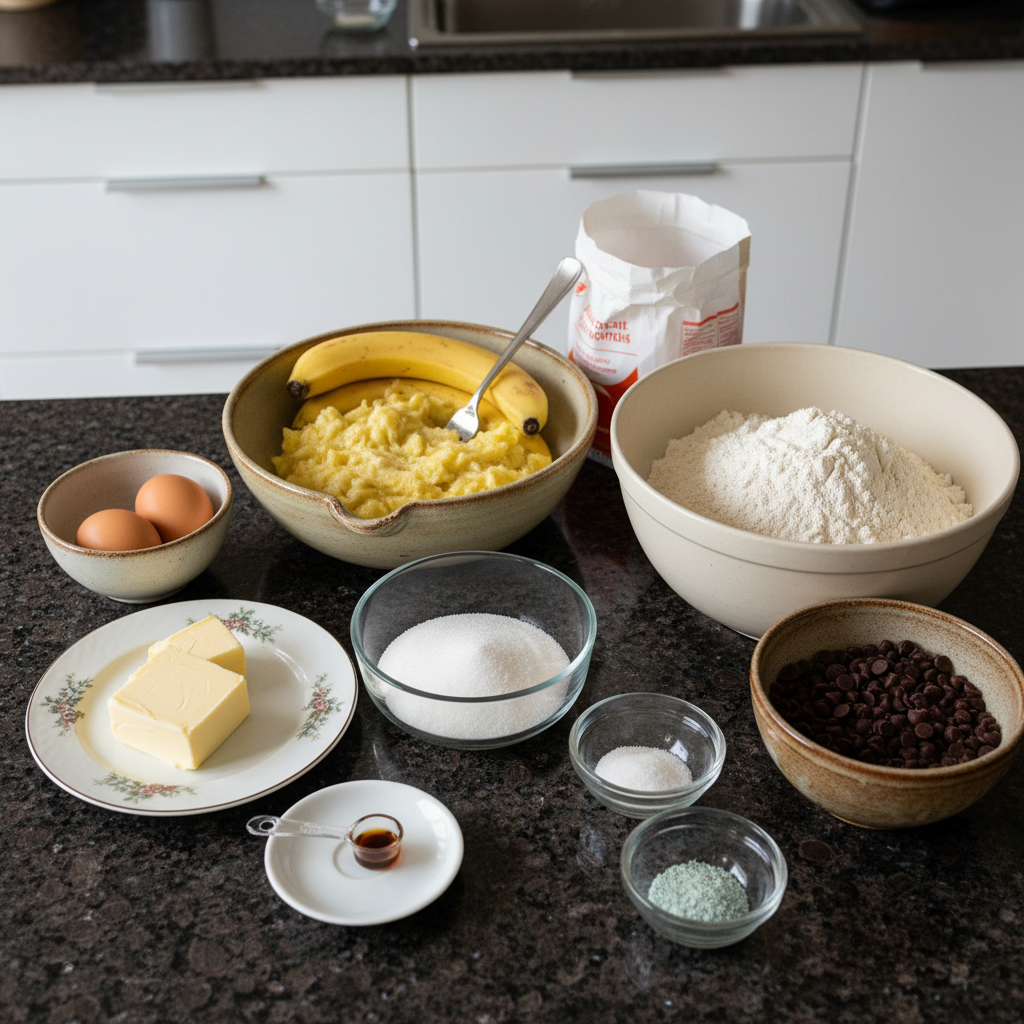 chocolate-chip-banana-bread-ingredients Fresh ripe bananas, chocolate chips, flour, sugar, and other baking ingredients for chocolate chip banana bread laid out.