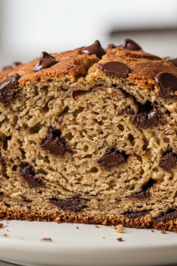 A moist, golden-brown slice of homemade chocolate chip banana bread with visible melty chocolate chips on a white plate.