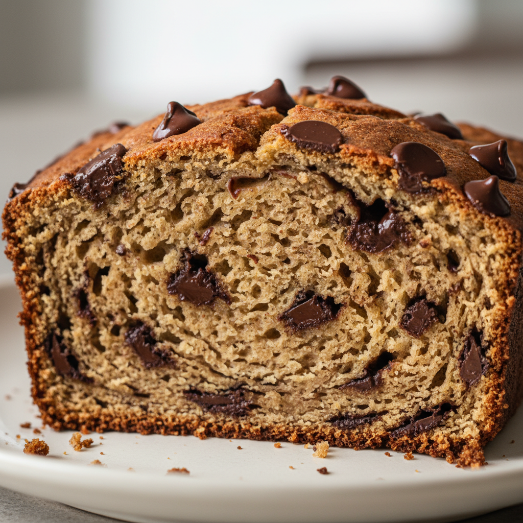 A moist, golden-brown slice of homemade chocolate chip banana bread with visible melty chocolate chips on a white plate.
