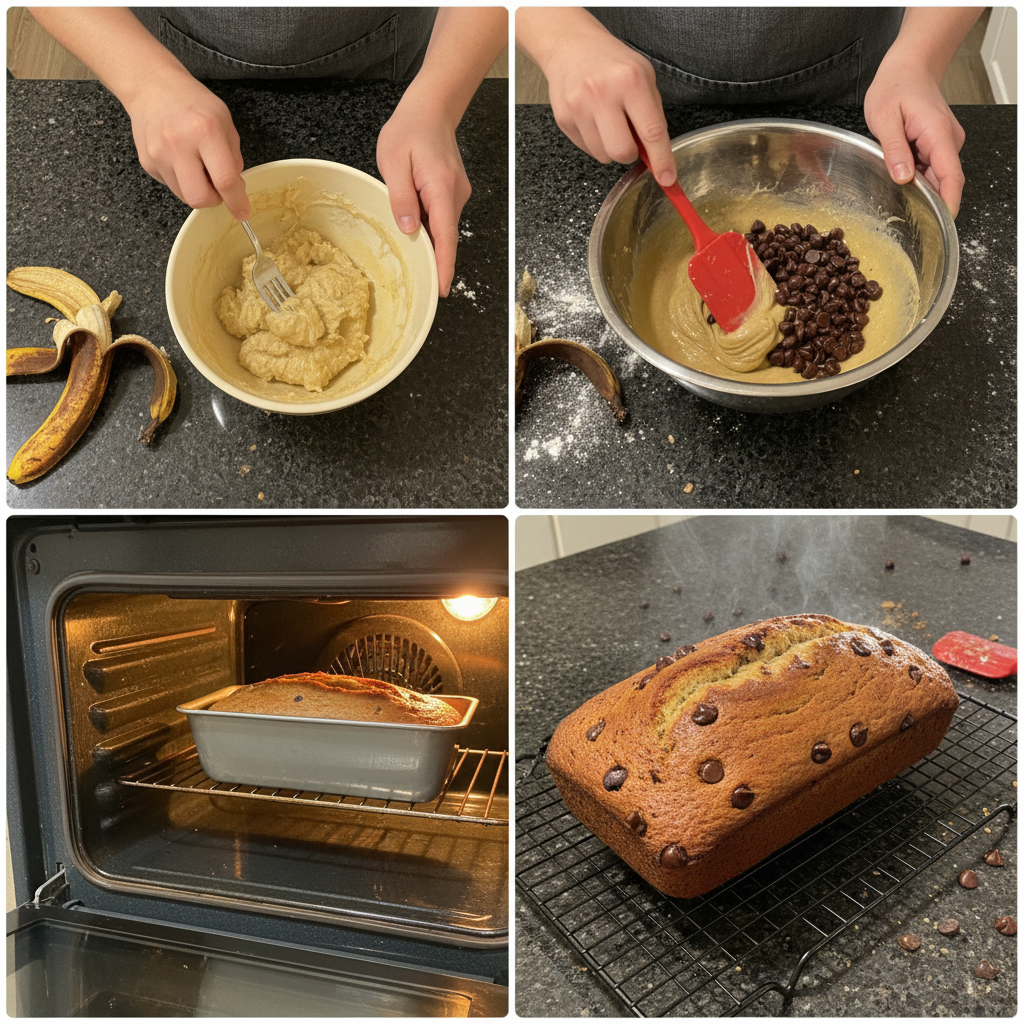 chocolate-chip-banana-bread-prep-mixing-batter Hands mixing a bowl of thick batter with mashed bananas and chocolate chips for chocolate chip banana bread.
