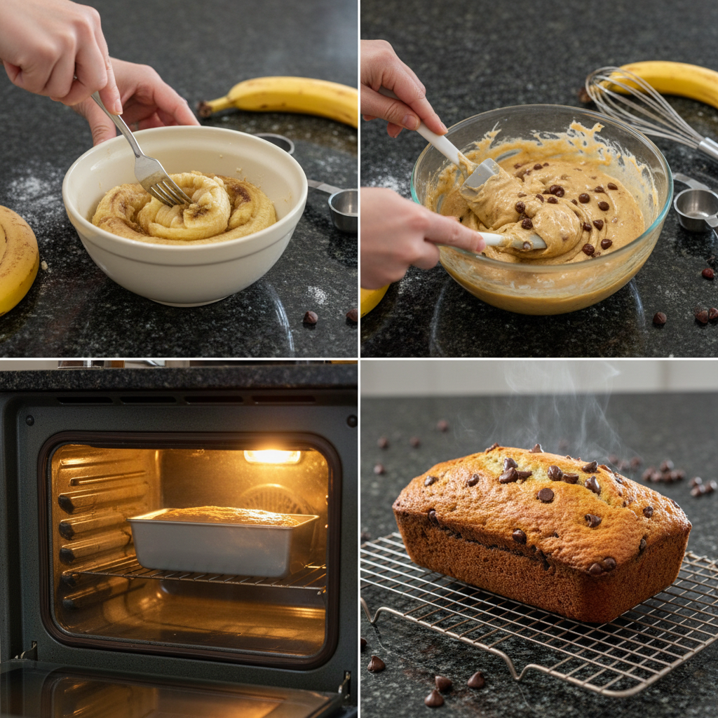 chocolate-chip-banana-bread-prep Hands mixing wet and dry ingredients in a large bowl, creating the batter for delicious chocolate chip banana bread.
