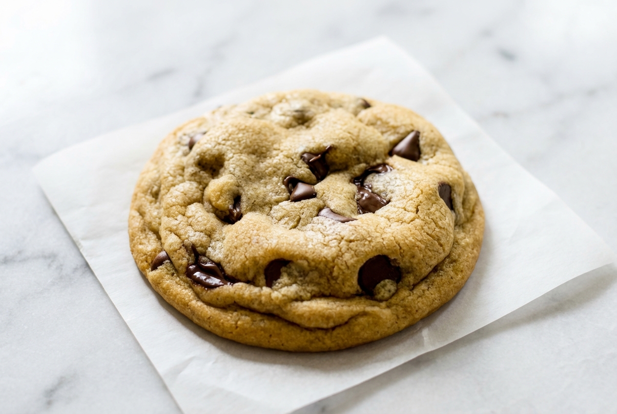 Golden chocolate chip cookies recipe using brown butter on a white marble surface with soft natural lighting.