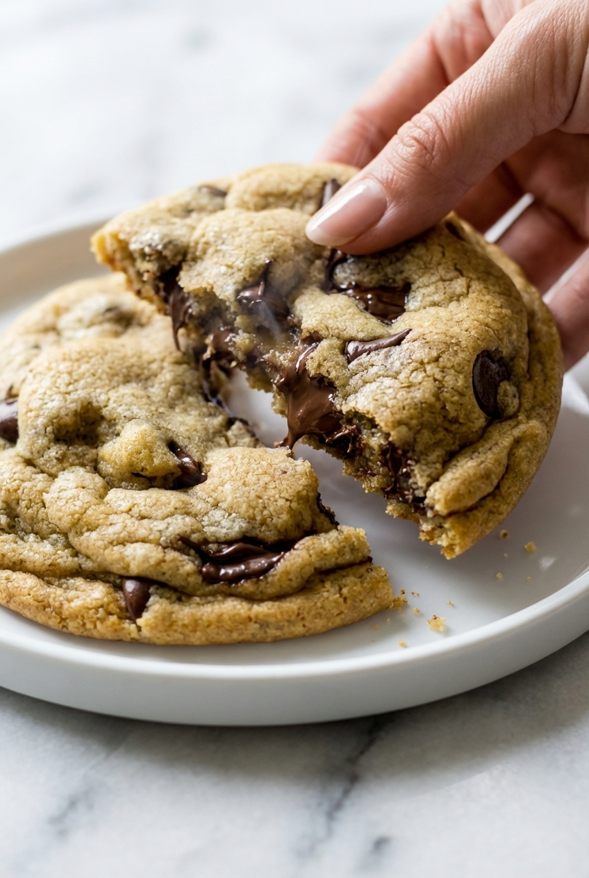 Macro view of a chocolate chip cookies recipe showing chewy texture and melted chocolate on a contemporary countertop.