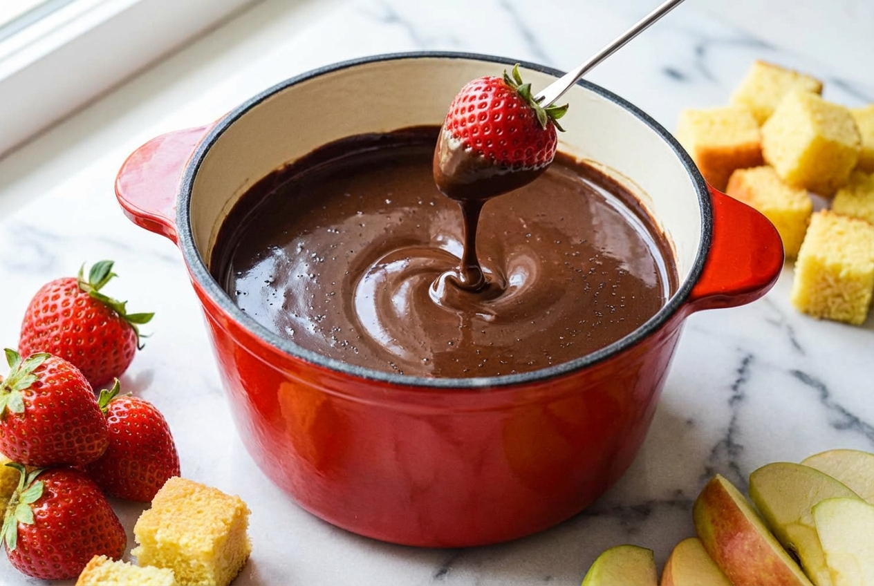 Creamy chocolate fondue recipe with espresso and vanilla bean infusion in a minimalist ceramic bowl on white marble.