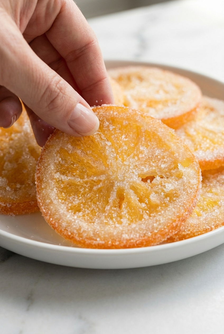 Close-up of blanched orange slices showing a thin pith and translucent flesh on a minimalist ceramic vessel.