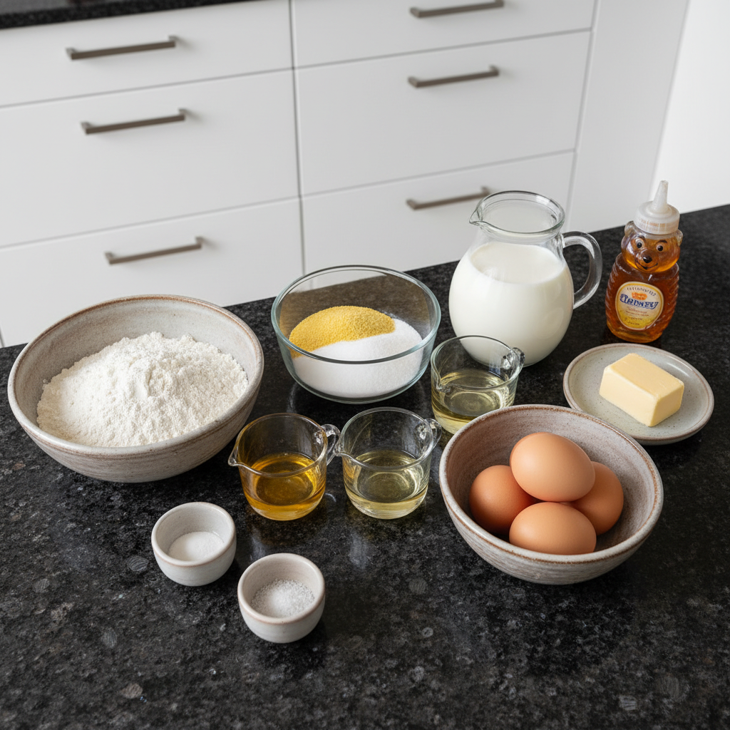 cornbread-recipe-ingredients Key ingredients for a classic cornbread recipe, including cornmeal, flour, buttermilk, and butter, neatly arranged on a rustic surface.