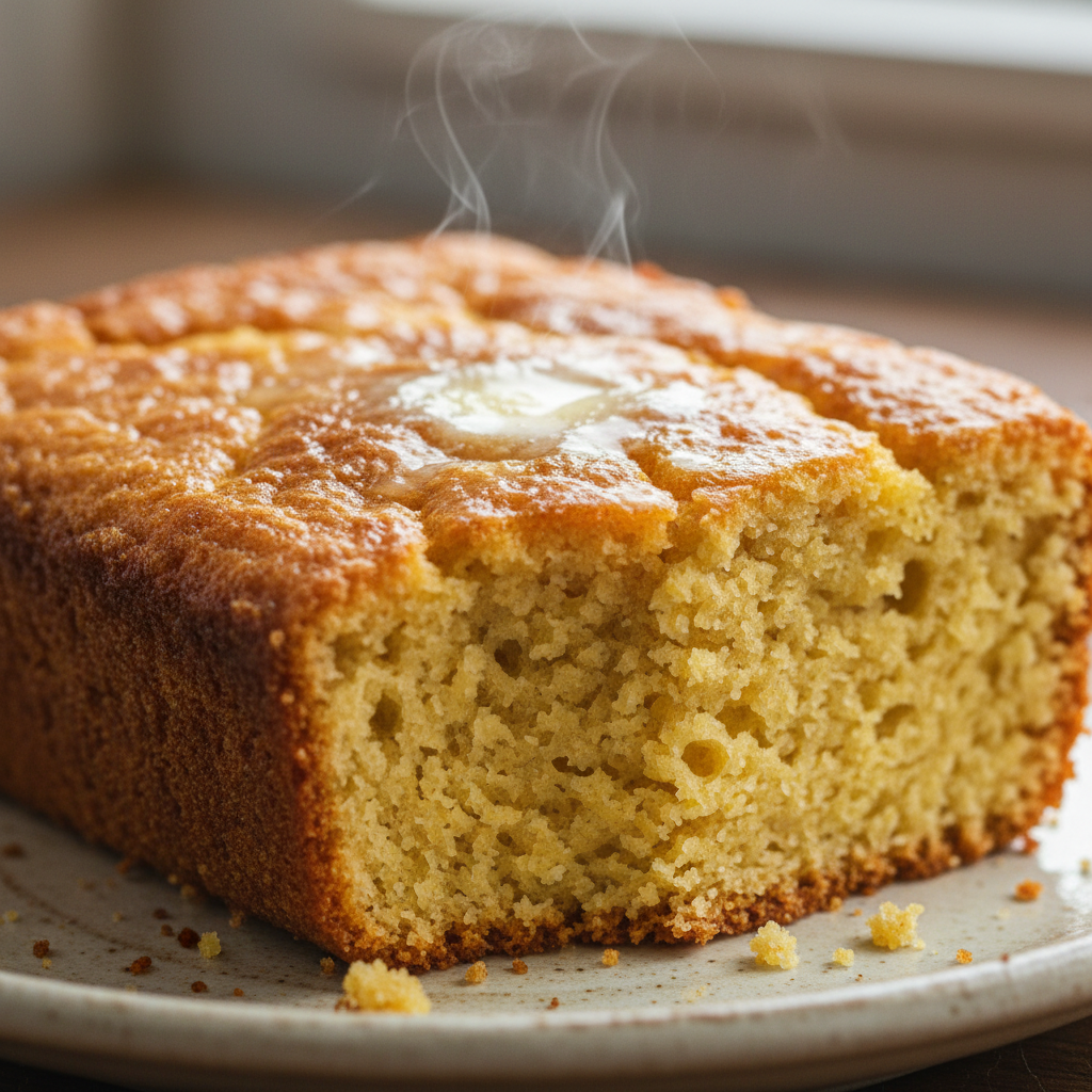 Golden-brown skillet cornbread recipe, perfectly baked with a crispy edge and tender crumb, ready to serve.