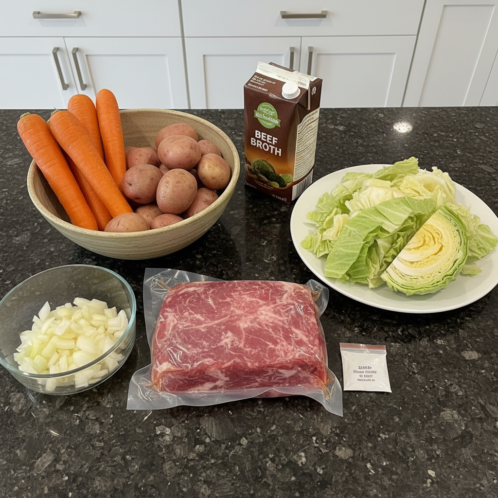 corned-beef-recipes-slow-cooker-ingredients Fresh raw ingredients for corned beef recipes slow cooker, including a brisket, cabbage, potatoes, carrots, and spices.